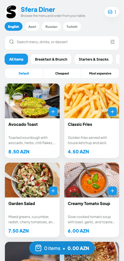 Sfera QR mobile menu preview